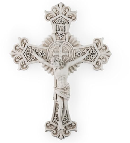BC Katholisches St. Benedikt Kruzifix, Wandkreuz, Jesus Christus, Heimdekoration, religiöses Geschenk, grau-weißes Finish, 30,5 cm hoch, handbemalt von Buildclassic