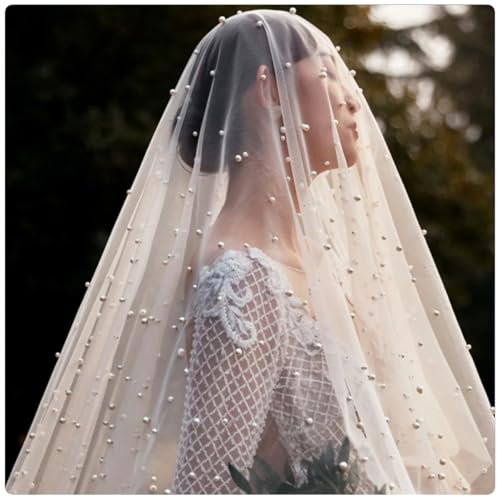 XJHWD 300 cm Langer Hochzeitsschleier mit Perlen und Kamm, weicher, transparenter Brautkopfschmuck, Brautaccessoires für Elegante Hochzeiten