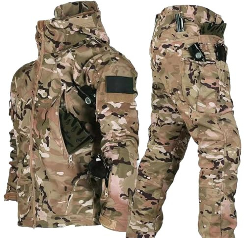 RVUEM Combinaison De Ski D'ExtéRieur pour Homme, Ensemble Veste Et Pantalon Tactique 2025, Combinaison De Combat Militaire, Veste Softshell, avec Plusieurs Poches ZippéEs,CP Camo,L
