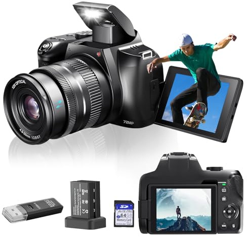 Fotocamera digitale 4K per fotografia - Zoom ottico 12x 72MP Fotocamera vlog per YouTube con schermo flip da 3 a 180°, fotocamera compatta con batteria, scheda SD da 64 GB, lettore di schede USB e