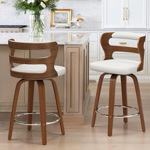 LUE BONA 360°Drehbarer Barhocker 2er Set mit Lehne und Armlehnen,66 cm Hoch–Barstuhl Holz mit Kunstleder Sitzfläche,Moderner Barstuhl für Theke,Weiß+Walnut