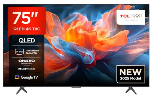 TCL 75T8C TV QLED 4K HDR Ultra HD da 75, QLED TV con tecnologia Google TV (Dolby Vision e Atmos, Motion Clarity Pro a 144 Hz, FreeSync, audio Onkyo 2.1, compatibile con Google Assistant)