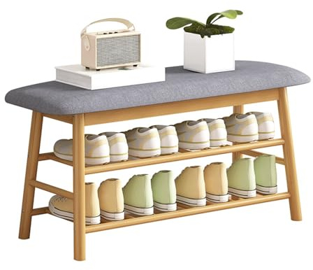 Scarpiera in bambù con ripiano a 3 ripiani e cuscino imbottito, elegante organizer da ingresso per corridoi, salotti e camere da letto (90 cm)