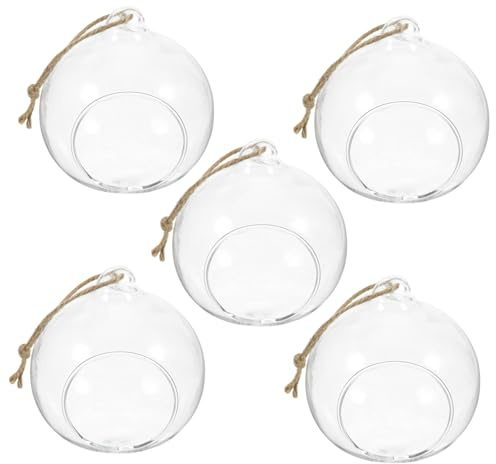 Terrario Colgante de Vidrio Forma de Bola, 5 Piezas | Cristal Cuerda, Base Plana y Ventilación, Decoración Navideña para Jardín y Fiestas