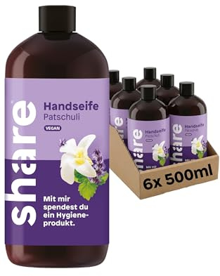 share Flüssigseife Nachfüllpack Patschuli (6x500ml) | Sanfte Reinigung ohne Mikroplastik, pH-hautneutrale vegane Seife, Frischer Duft – Jedes Handseife-Nachfüllflaschen spendet