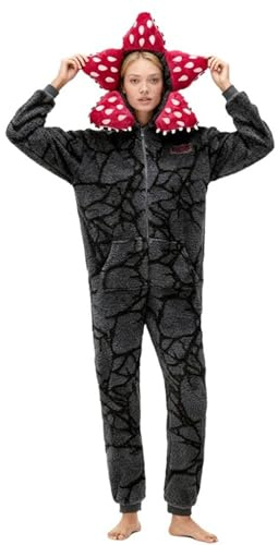 Generico D-Demogorgon Pigiama Intero Unisex, Pile con Cappuccio, Maniche Lunghe, Nero Motivo, per Autunno e Inverno, Costume Adulti
