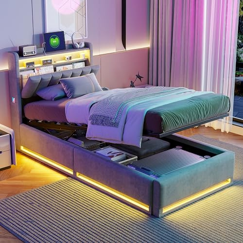 HNOUER Polsterbett Boxspringbett 90x200 cm mit LED USB Aufladen Kinderbett mit Stauraum und Bettkasten, Bettgestell mit Lattenrost Hydraulisches Bett Jugendbett Samt Grau Ohne Matratze