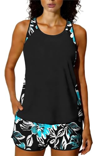 Tankini Sets for Women 2 Piece Swimming Costume Athletic Bathing Suits Hawaiian Tropical Print Modest Swimwear Loose Fit Tank Top with Swim Shorts Padded Sports Swimsuits Ladies Beachwear