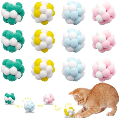 TOHYKO 12 Stück Katzenspielzeug Bälle mit Glocke, Katzen Ball mit Glöckchen, Soft Filzbälle, Glöckchen Plüschball, Katze Spielzeug Bälle für Innen Spielen Kauen Kratzen