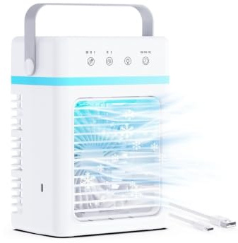 Aire Acondicionado Portátil 900ML, Mini Aire Acondicionado 3 Niveles de Potencia, Enfriador de Aire 3 Modos de Bruma, Timer 2/4/6H, USB-C 10W& Luz RGB (Apagable) – Ideal para Hogar, Camping y Viajes