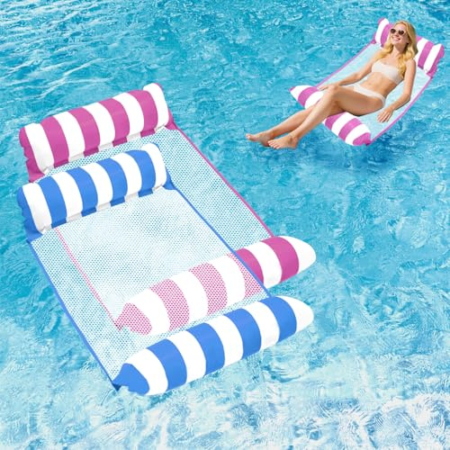 Flotteurs de Piscine pour Adultes – Radeaux flottants gonflables améliorés en Maille, Flotteur de Piscine Multifonction 4 en 1, hamac Aquatique, flottants pour fêtes, Multicolore Bleu + Rose