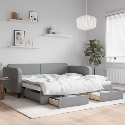 LoogCape Utdragbar dagsäng med förvaringsutrymme ljusgrå 100 x 190 cm tyg sängram dubbelsäng gästsäng bäddsoffa med lådor för sovrum vardagsrum