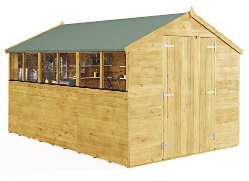 BillyOh 12x8 Tongue and Groove Wooden Garden Shed Double Door Windowed Apex Premium Roof Floor Felt 12ftx8ft