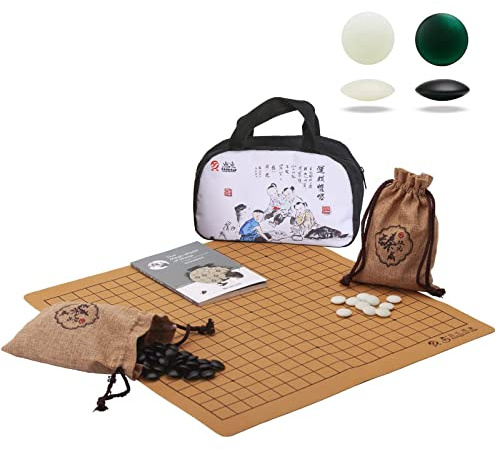 SongYun Portable Glazed JIZI Go Game Set Reversible 19x19 / 13x13 Faux Leather Foldable Game Board with Double Convex Jizi Stone 361pcs and Storage Bag, 2 Players Board Game