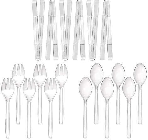 Plastic Serving Utensils, 9 Clear Disposable Utensils 18 Pack, 6 Serving Tongs, Spoons, Forks