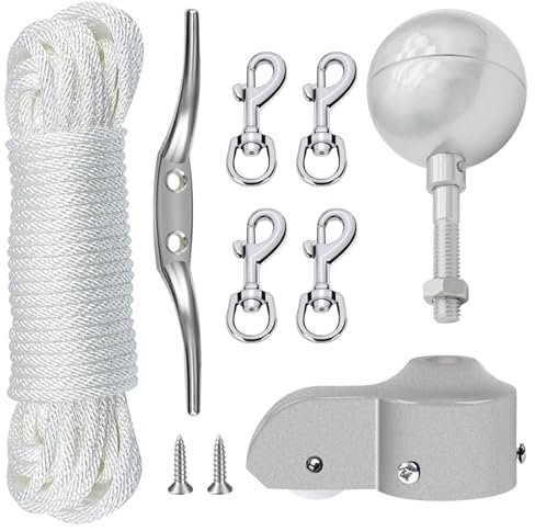 NQ Flagpole Hardware Repair Parts Kit,50 Feet Halyard Rope+3 Silver Ball+6 Zinc Alloy Cleat+4 Metal Swivel Snap Clips+Aluminum Alloy Flagpole Truck with Nylon Pulley for 1.6-2 Flag Poles