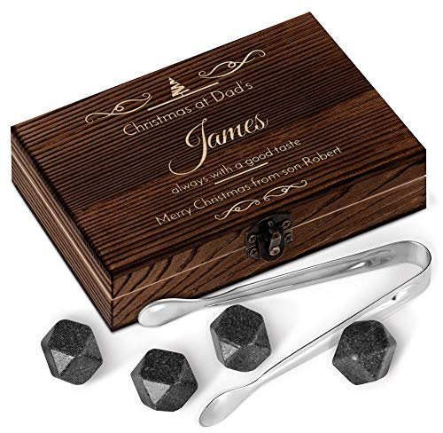 Maverton Whisky Stones Gift Set - 6 granite whiskey rocks - high cooling technology - stainless steel pliers - an elegant wooden box with engraving - Christmas tree