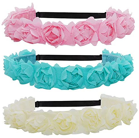 FROG SAC Non Slip Floral Headbands for Girls, Adjustable Rose Bud Head Bands for Kids, Cute Nonslip Hair Accessories, Flower Girl Head Band Pack