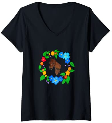 Damen Blumenkranz mit Pferd T-Shirt mit V-Ausschnitt