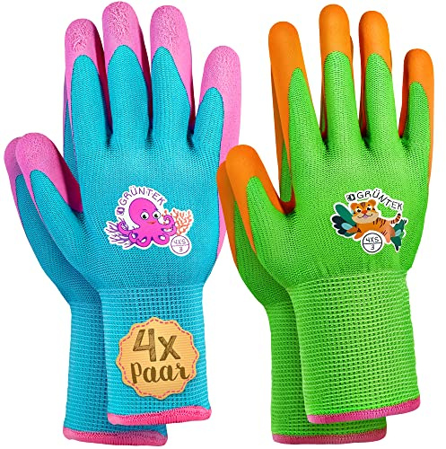 GRÜNTEK Trädgårdshandskar för barn 4 par XXXXS / 4XS (storlek 3), skyddshandskar för barn, halkfri latexbeläggning, BPA-fria, fria från skadliga ämnen, testade och certifierade enligt EN 420 & EN 388