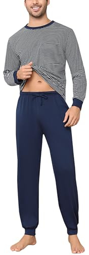 Aseniza Pyjama Homme Hiver Coton Ensembles de Pyjama Chauds à Manches Longues Rayures Vêtements De Nuit Vêtements de Détente pour Hommes Long Deux Pièces Loungewear À Rayure-Bleu, L