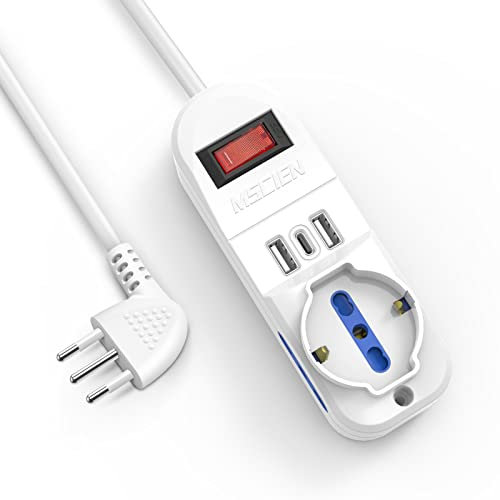 Mscien Ciabatta Multipresa 3 Metri con 1 Polivalenti e 2 Bivalenti 10/16A, 3 Porte USB (2USB+1USBC), Viaggia stile, piccolo, nuovo stile, Bianco, 2500 W, 250 V, Cavo 3 Metri