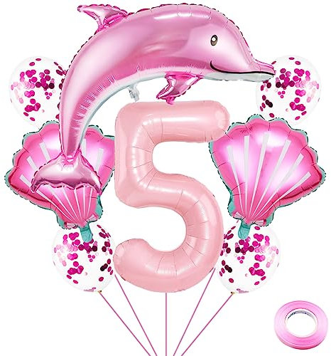 Weenkeey 5 anni Delfino Palloncini compleanno Delfino gigante Palloncino numero 5 Palloncini in mylar Palloncini animali oceano per festa a tema oceano Forniture per compleanno ragazze - rosa