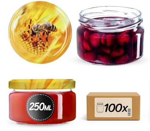 KADAX Lot de 100 pots à confiture en verre 250ml – Pour confitures, miel, conserves & cornichons – Passent lave-vaisselle, sans couvercle
