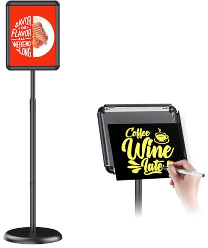 Newzueby Adjustable Pedestal Floor Stand Sign Holder for 8.5*11 inches Poster or chalk board, Snap open frame,360° Rotation,Outdoor Indoor Standing Display Sign Holders for advertising ,Black