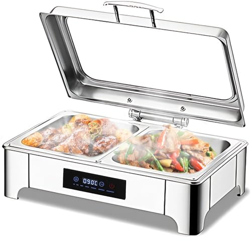 VFDZ Chafing Dish Elektrisch 9L (B, 1/2 PAN) | Catering Warmhaltebehälter Smart-Temperaturanpassung, Rechteckiger Chafing Dish Set Speisenwärmer mit Sichtbarem Glasdeckel