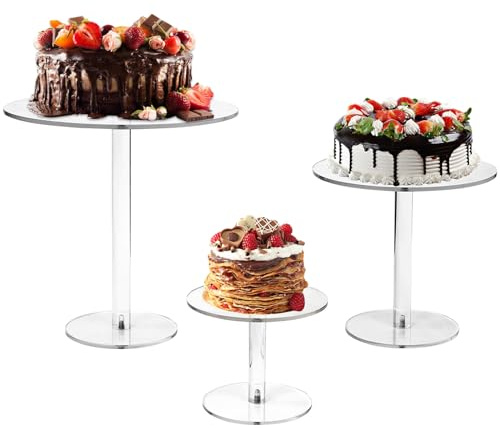 MUXHEL Lot de 3 supports à gâteaux ronds en acrylique transparent pour gâteaux de mariage, pâtisseries, desserts, fête d'anniversaire, mariage