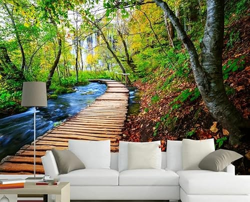 Non-Woven Murals Kids Wood Effect Boys Girls 3D Black and White Beautiful Environment Wooden Bridge Forest Landscape Grey Silver Graffiti Living Room Bedroom Kitchen Wallpaper