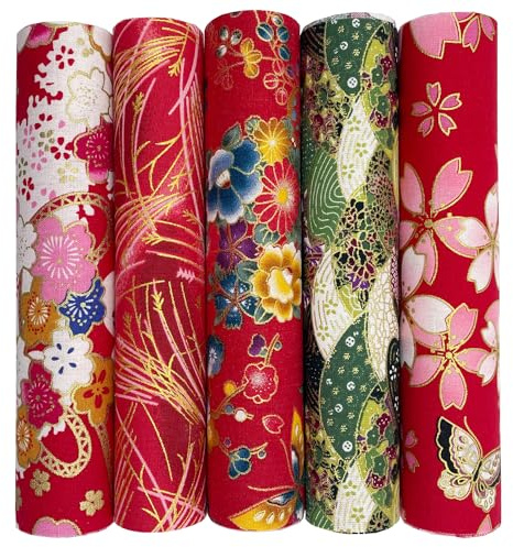 Jukway 5 st 80 x 20 cm bomullstyg, långa kvarts, orientalisk stil, bunt av ren bomull, bronsande tryckta mönster, lapptäcke, tygremsor för sömnad, quiltning, gör-det-själv-dekoration, hantverk (röd)