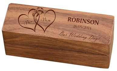 Personalised Long Wedding Ring Box Holder For 2 Rings With Love Hearts Brown