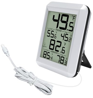 Urageuxy Refrigerator Thermometer, Waterproof Digital Fridge Freezer Room Thermometer Wired with Large LCD Display and Max/Min Record Function