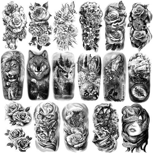77 hojas de tatuajes temporales para hombres y mujeres, medio brazo león lobo búho serpiente rosa, pegatinas de tatuaje falso impermeables realistas para adultos