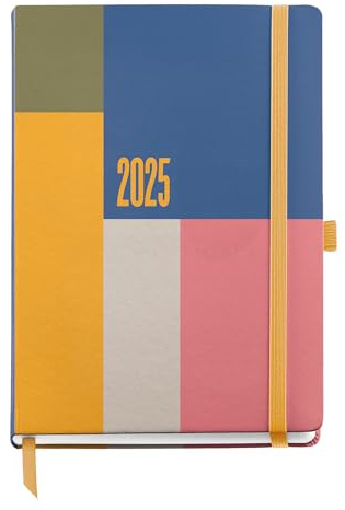 Miquelrius - Agenda 2025, storlek 155 x 213 mm, dagskalender, fodrad kartong med laminering, spiral, elastisk gummiförslutning, 80 g/m² papper, spanska, engelska och portugisiska blockfärg