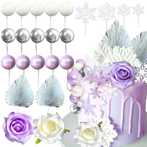Roaring Good Time Lila Schneeflocke Tortendekorationen Winter Onederland Kuchendekorationen Blumen Kugeln Cake Topper für Hochzeit Dekoration und Winter Themed Birthday Party Supplies