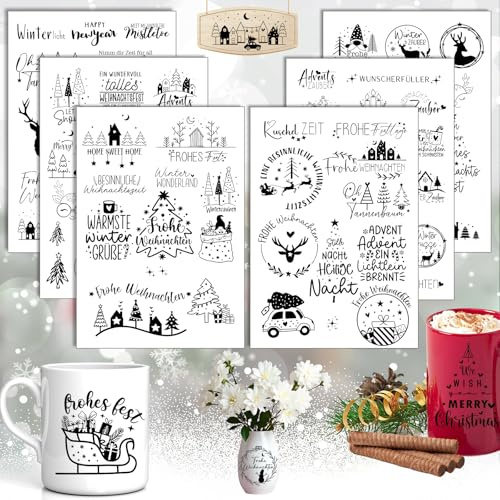 Rub On Sticker Weihnachten, 6 Stück A5 Transferaufkleber, Weihnachtsgrüße | Personalisiert & Wasserfest, für Möbel, Glas, Holz Scrapbooking, Liebevolle Deko (Weihnachten)