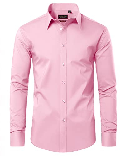 DEMEANOR Chemises habillées pour hommes à manches longues Chemises habillées en coton pour hommes Coupe régulière Chemises habillées formelles pour hommes sans repassage, rose, M