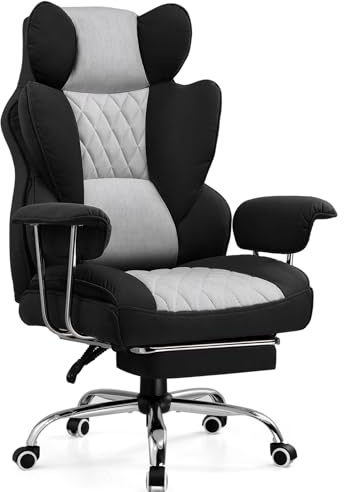 GTPLAYER Chaise Gaming, Bureau Soutien Lombaire Ressorts, siège Large accoudoirs Souple, Repose-Pieds, Hauteur réglable, Supporte 180 kg, Noir-Gris