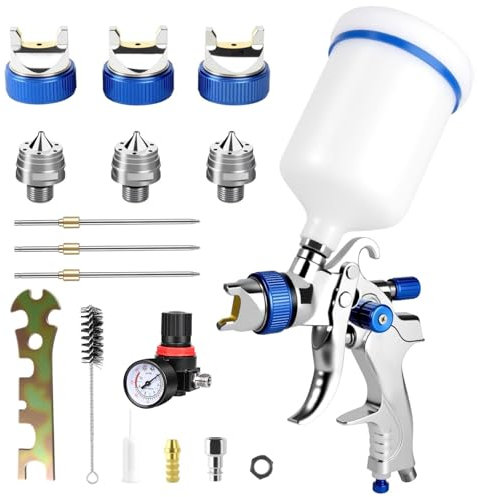 LustLocke Pistola Verniciatura Professionale HVLP – Kit 3 Ugelli (1,4/1,7/2,0 mm) con Serbatoio a Gravità 600 ml – Spruzzatore a Spruzzo per Auto, Mobili, Legno e Metallo