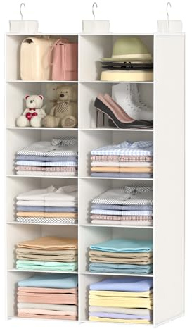 ALLTIDYUP Wardrobe Storage Organiser Hanging – Dual-Row Wardrobe Storage with 3 Hooks, Foldable Hanging Shelves for Clothes, Ideal for Bedroom, Dorm or Caravans(White, 6-tier)