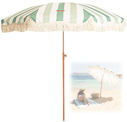 SBCGFY Parasol de Plage de 7 Pieds - Parasol de Jardin avec Franges pour Patio, Cour, pelouse - Inclinaison par Bouton-Poussoir - 8 Baleines Robustes - Rayures Vertes et Blanches -