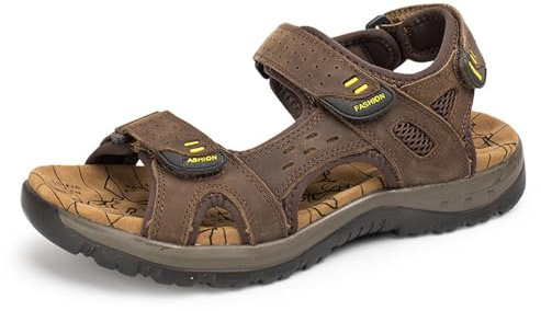 Herrsandaler med öppen tå i äkta läder, handgjorda modevandringssandaler, ihåliga strandskor, Mörkbrun, 44 EU