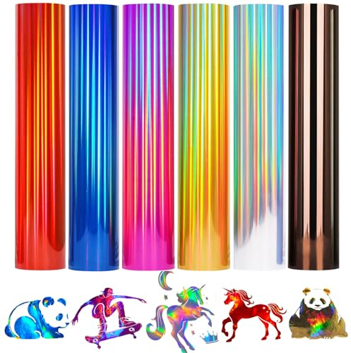 AJINGHTV Holographische Plotterfolie Textil Vinylfolie, 6 Farben 30,5x25cm PU Transferfolie Plotter Flexfolie für Textilien Transferfolie zum Aufbügeln für DIY T-Shirt, Stoffe