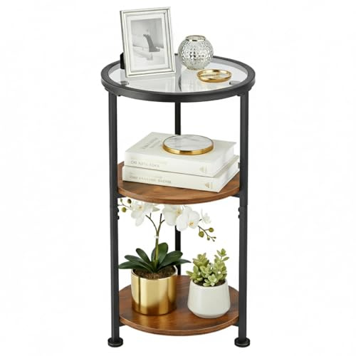 ZEXVIDA Runder Beistelltisch, 3 Etagen Glas Beistelltisch mit Metallrahmen, Gold Couchtisch mit modernem Stil für Wohnzimmer, Balkon, Schlafzimmer (Rustic Brown)