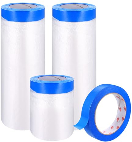 3 RollosPelícula de Enmascarar, Película para Enmascarar, Película de Enmascaramiento, Plastico Protector Muebles Pintura Automotriz para Cubrir Muebles, con Cinta Carrocero Pintura(3 Tamaños)