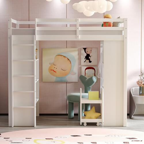 Kebnor Cama alta para niños, con estantes de varios niveles, con perchas simples y compartimentos de almacenamiento, con 1 carrito organizador extraíble, mucho espacio de almacenamiento, cama juvenil