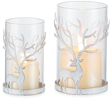 Romadedi Hirsch Windlichter Weihnachten Tischdeko: 2er Set Rentier Kerzenhalter Weiß aus Metall und Glas für Weihnachtsdeko Innen Tischdeko Winterdeko Wohnzimmer Fensterbank Geschenke